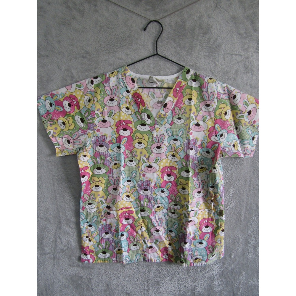 Tafford Women Scrub‎ Top Large Easter Bunny Rabbit Print V-Neck Multicolor E1E13